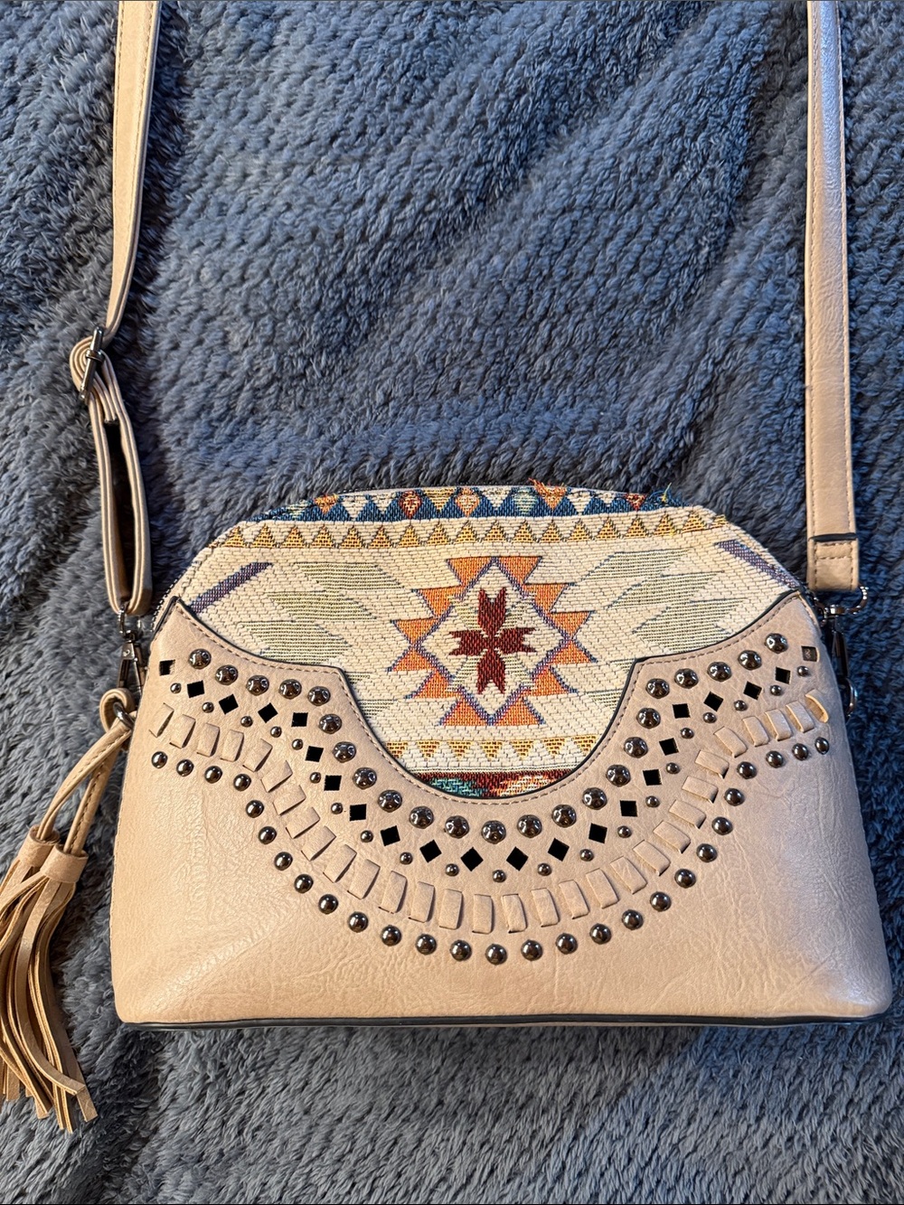 Beige Embroidered Southwestern Crossbody Bag with Tassel Accent